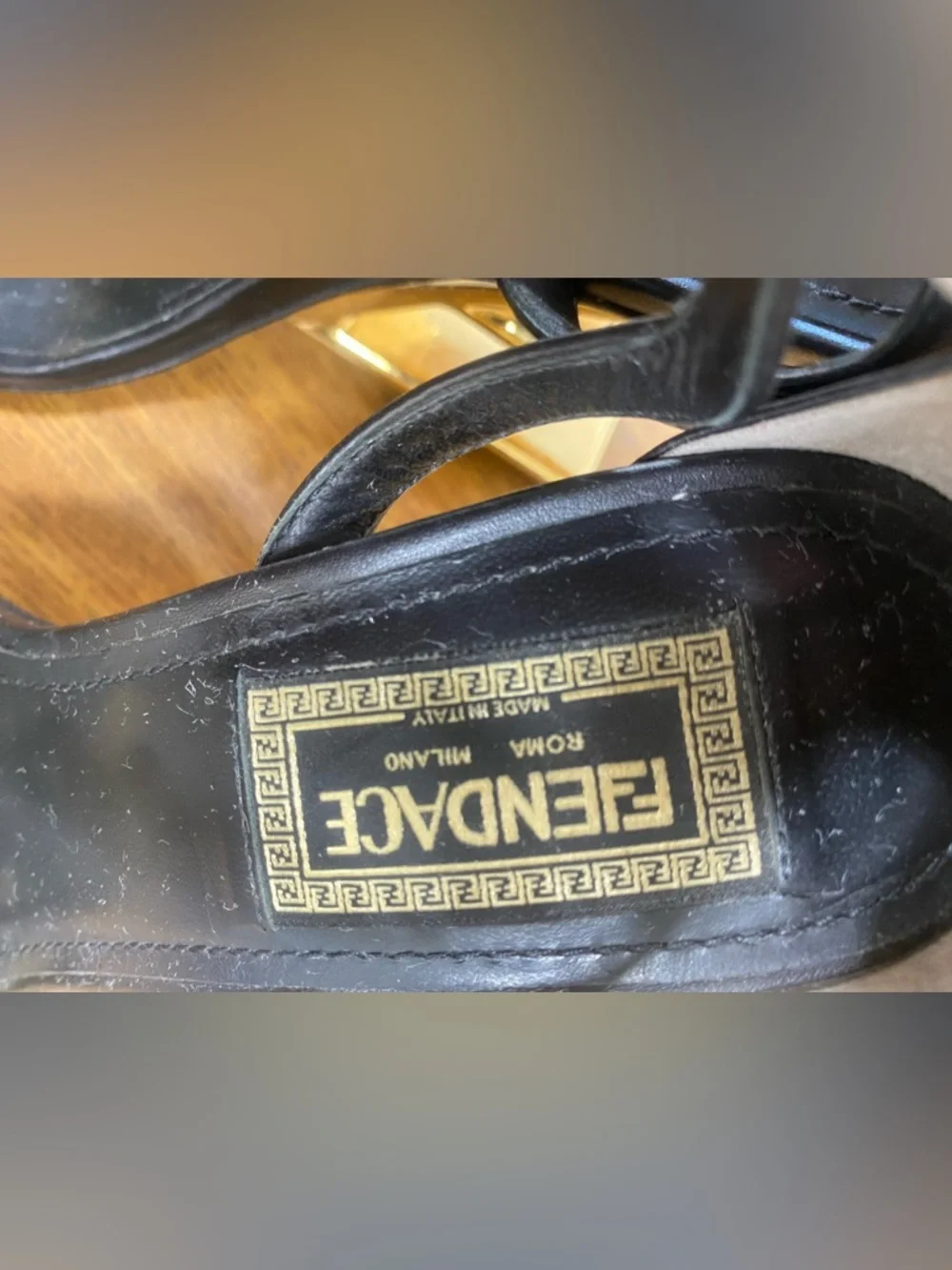 Fendi First Fendace  Black Leather T-Strap Heels with Gold Medusa Chain